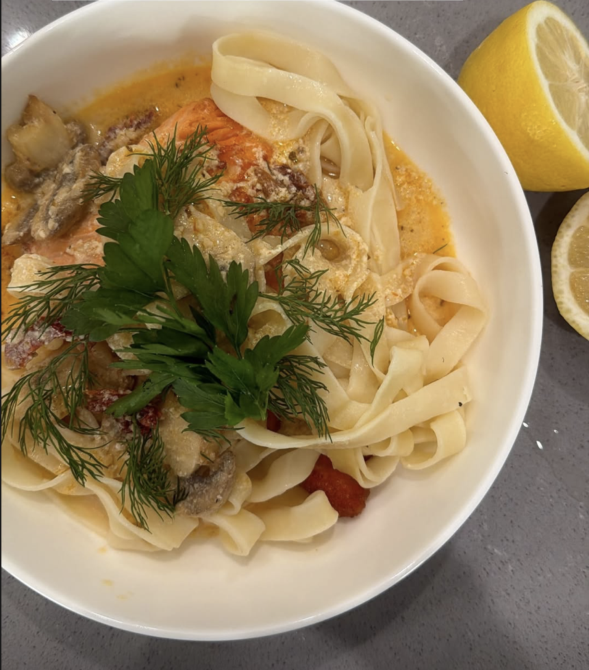 GF Creamy Lemon Dill Pasta with Crispy Steelhead Trout