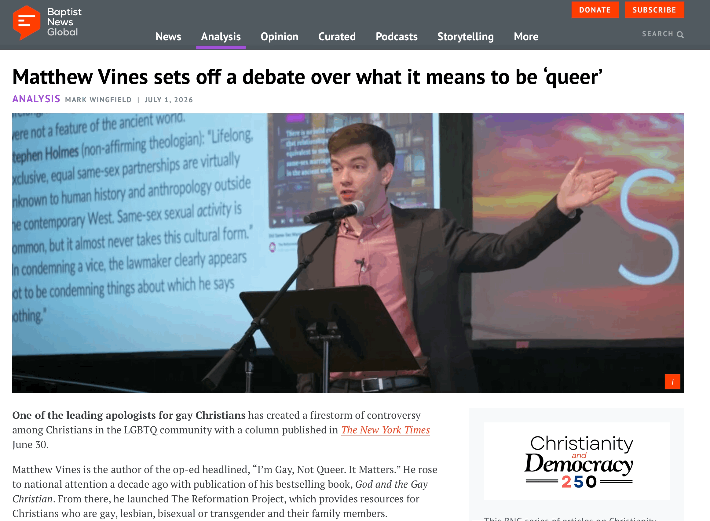 Baptist News Global: Matthew Vines sets off a debate over what it means to be ‘queer’