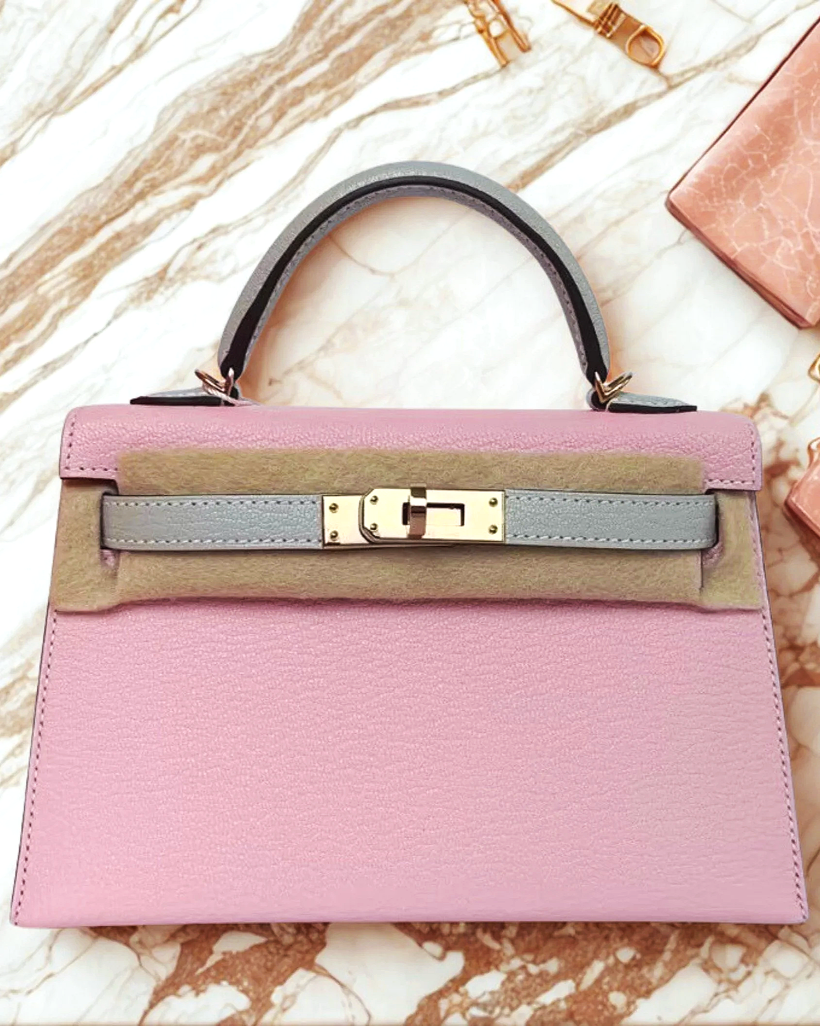 Hermès Mini Kelly II Sellier, Rose Sakura (3Q) & Gris Perle (80) Chevre Leather, Gold Hardware, Stamp K, Brand New, Original Store Receipt  (HSS - Special Order Multico),