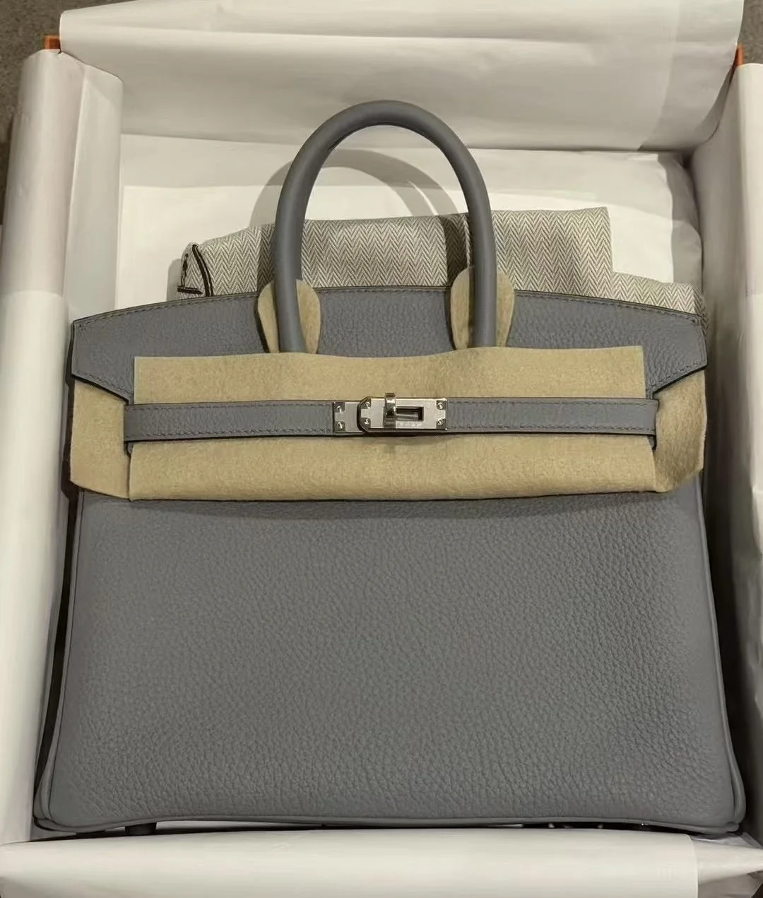 Hermes Birkin 25cm Gris Pantin (P0), Togo Leather, Palladium Hardware, Stamp K, Brand New