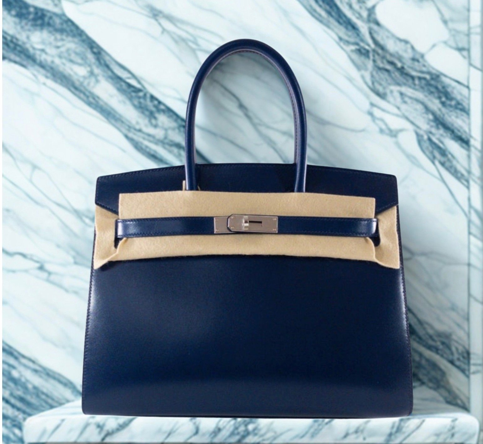 Hermès Birkin 30cm Sellier, Bleu Saphir (73), Veau Box Leather, Palladium Hardware, Stamp G, Brand New
