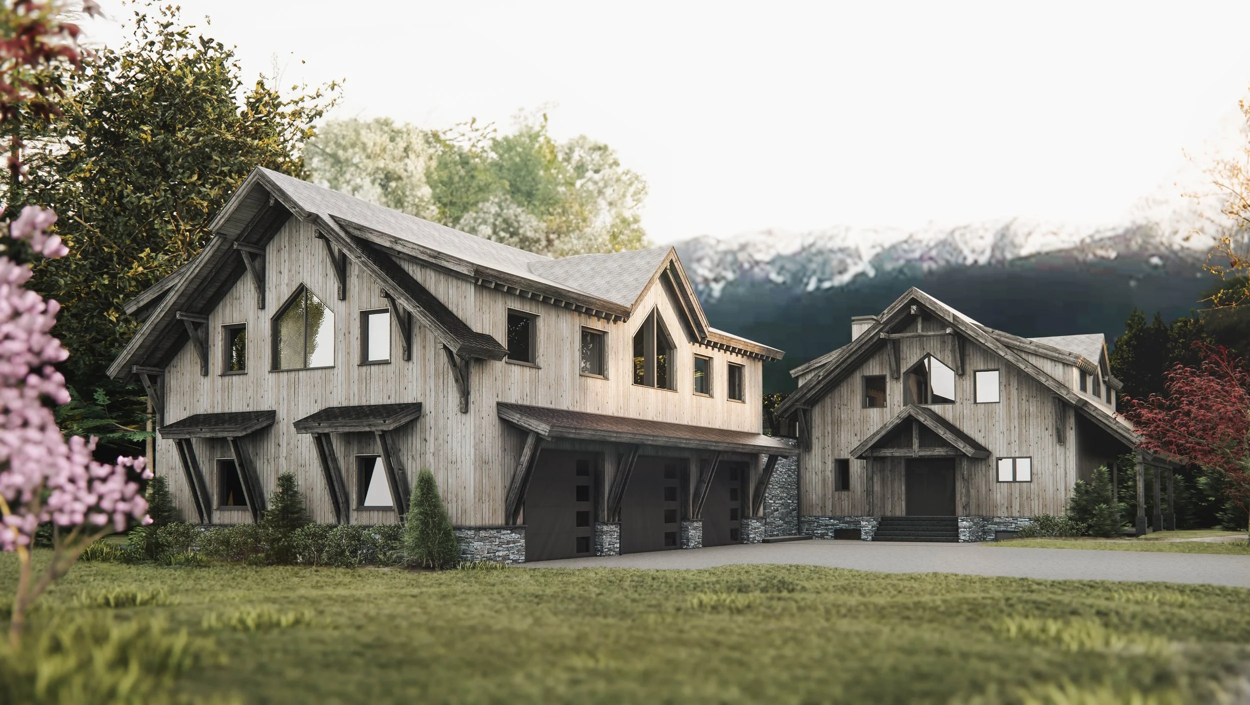 Rustic timber chalet with gabled roofs, natural wood siding, and mountain backdrop in Revelstoke BC. Designed by TWO73 Designs – explore more.