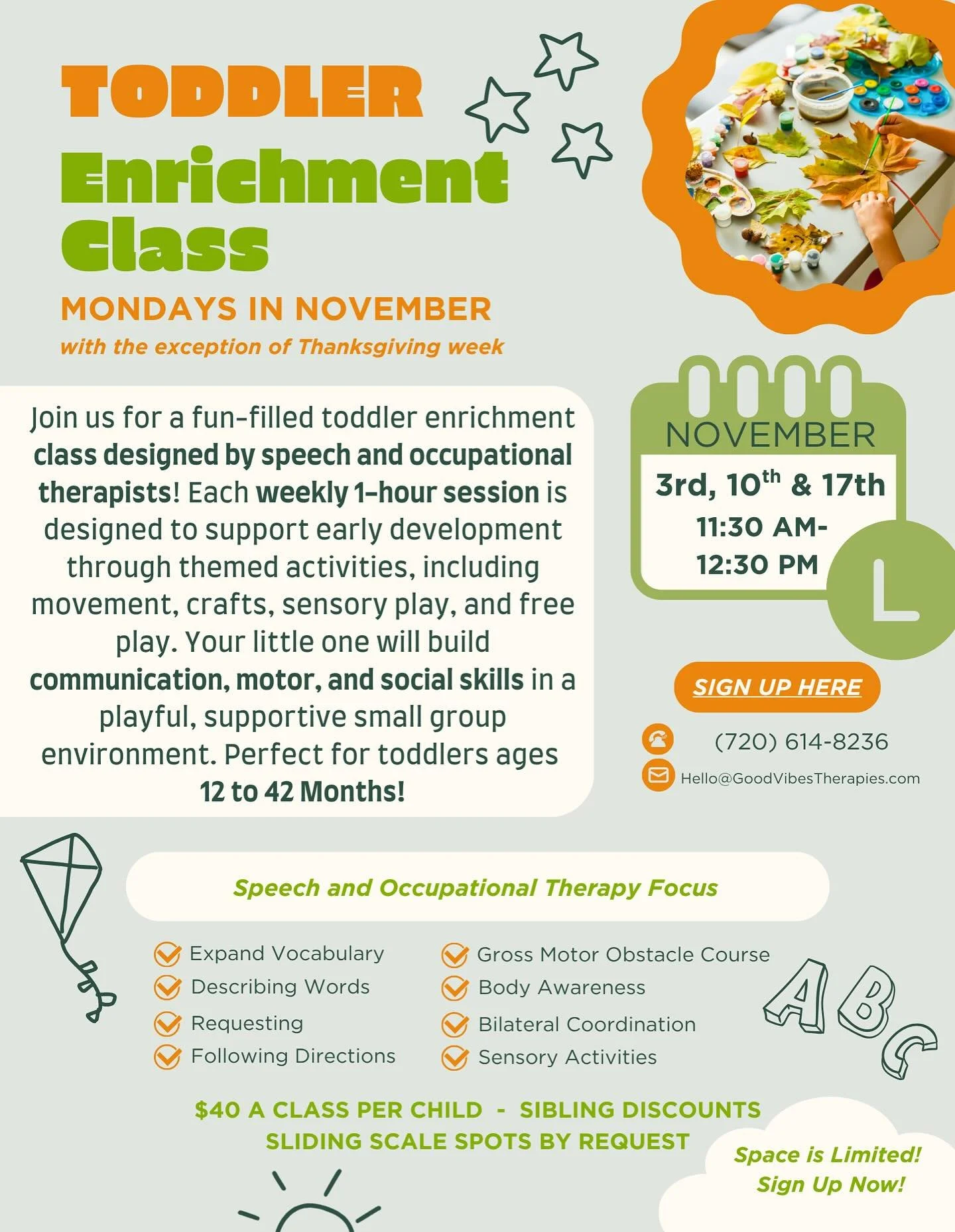 Looking for a wonderful way to support your toddler's early development? Our Toddler Enrichment Class,  is exactly what you need! Through movement, crafts, sensory play, and free play, your child will enhance their communication, motor, and social sk