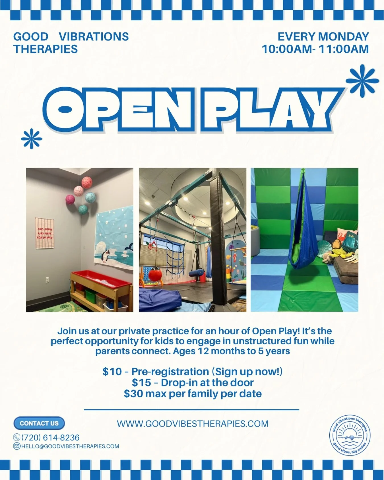 Come play with us!! 

Our sensory gym is OPEN every Monday for an hour of climbing, swinging, and sensory exploration! It&rsquo;s the perfect way for your little ones to burn off energy in a safe, therapeutic space. Ages 12 months to 5 years! 

💰 Pr