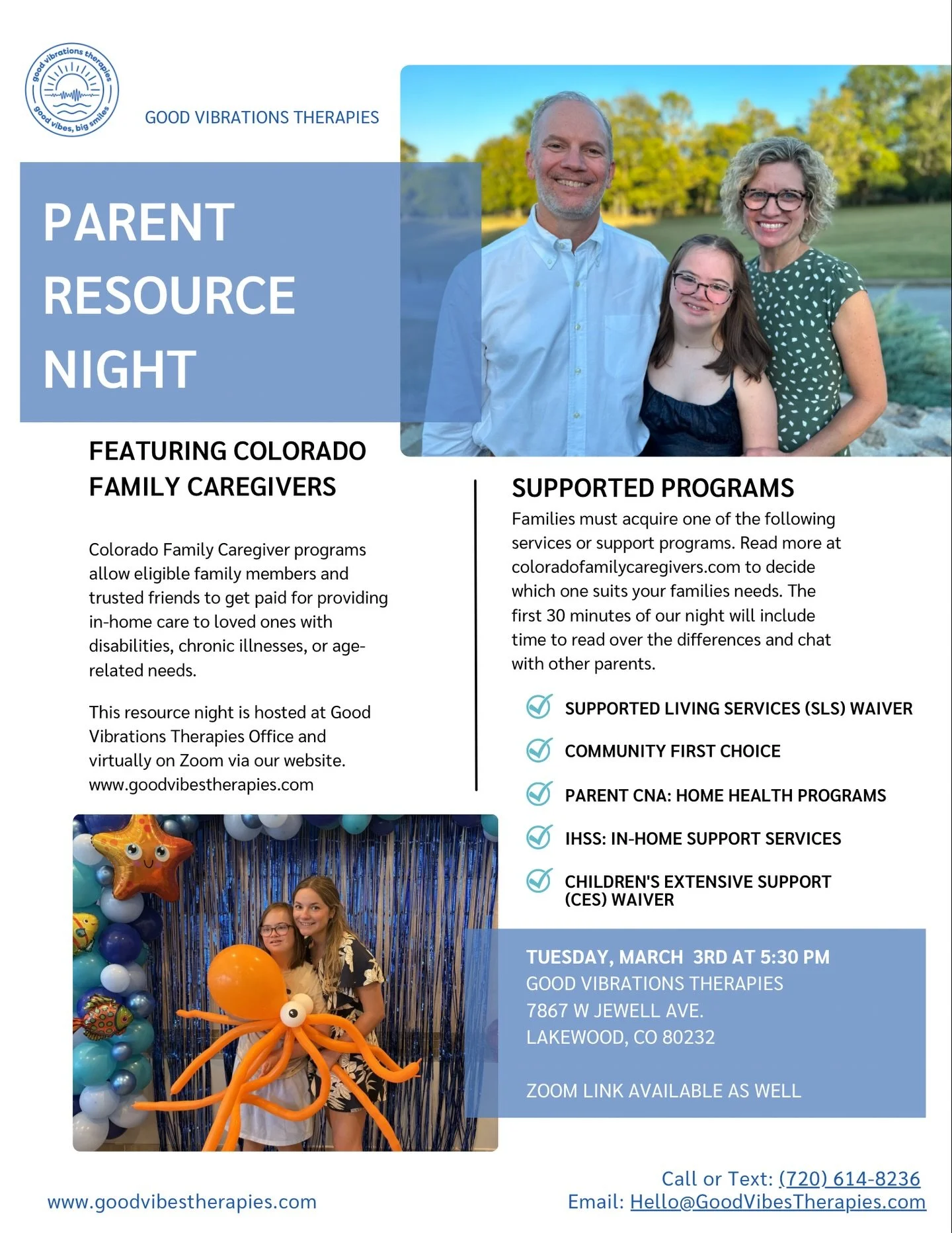 We are very excited to host our first Parent Resource Night including a guest speaker from Colorado Family Caregivers on Tuesday, March 3rd at 5:30pm. 

Colorado family caregivers is an organization that uses Colorado Program to allow eligible family