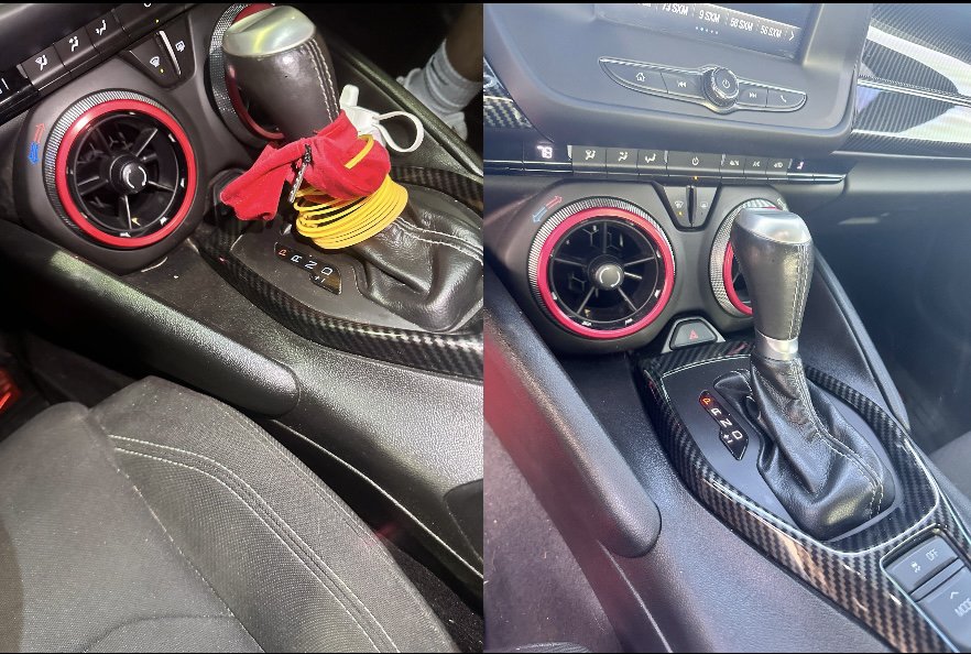 Comparison of a car's interior center console showing gear shifter and dashboard, with a cloth and yellow object on the left and a different display on the right.