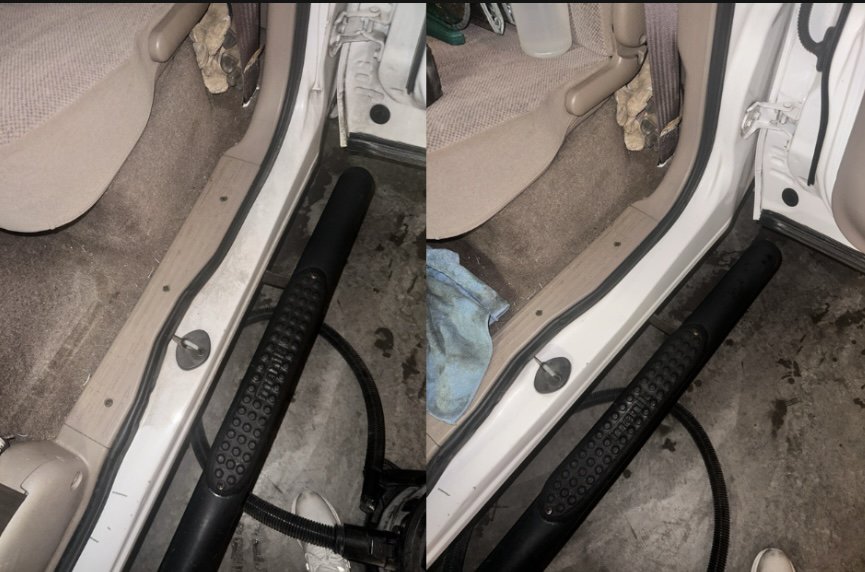 Side-by-side comparison of a car interior floor with a black vacuum cleaner in the foreground, showing a slightly different angle or lighting in each photo.