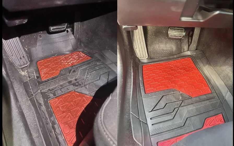 Comparison of car footwells with red rubber floor mats, showing before and after cleaning or replacement.