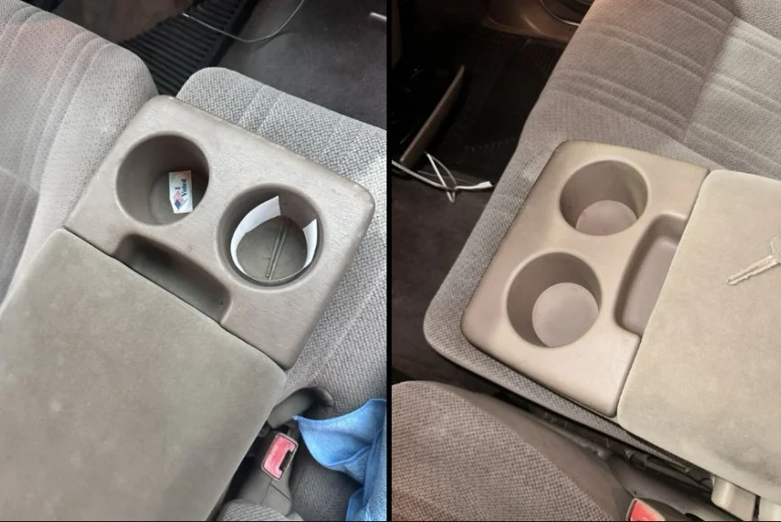 Comparison of two car armrest consoles, one old with a missing cover and a broken cup holder, the other newer with a clean design and intact cup holders.