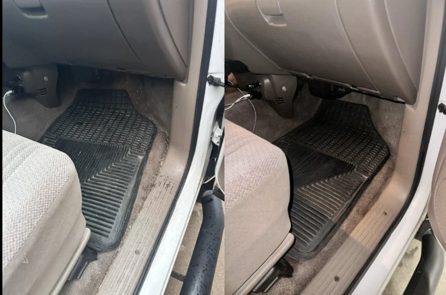 Comparison of car footwells showing before and after cleaning, with the driver's side footer area featuring a black rubber mat and beige carpeting.