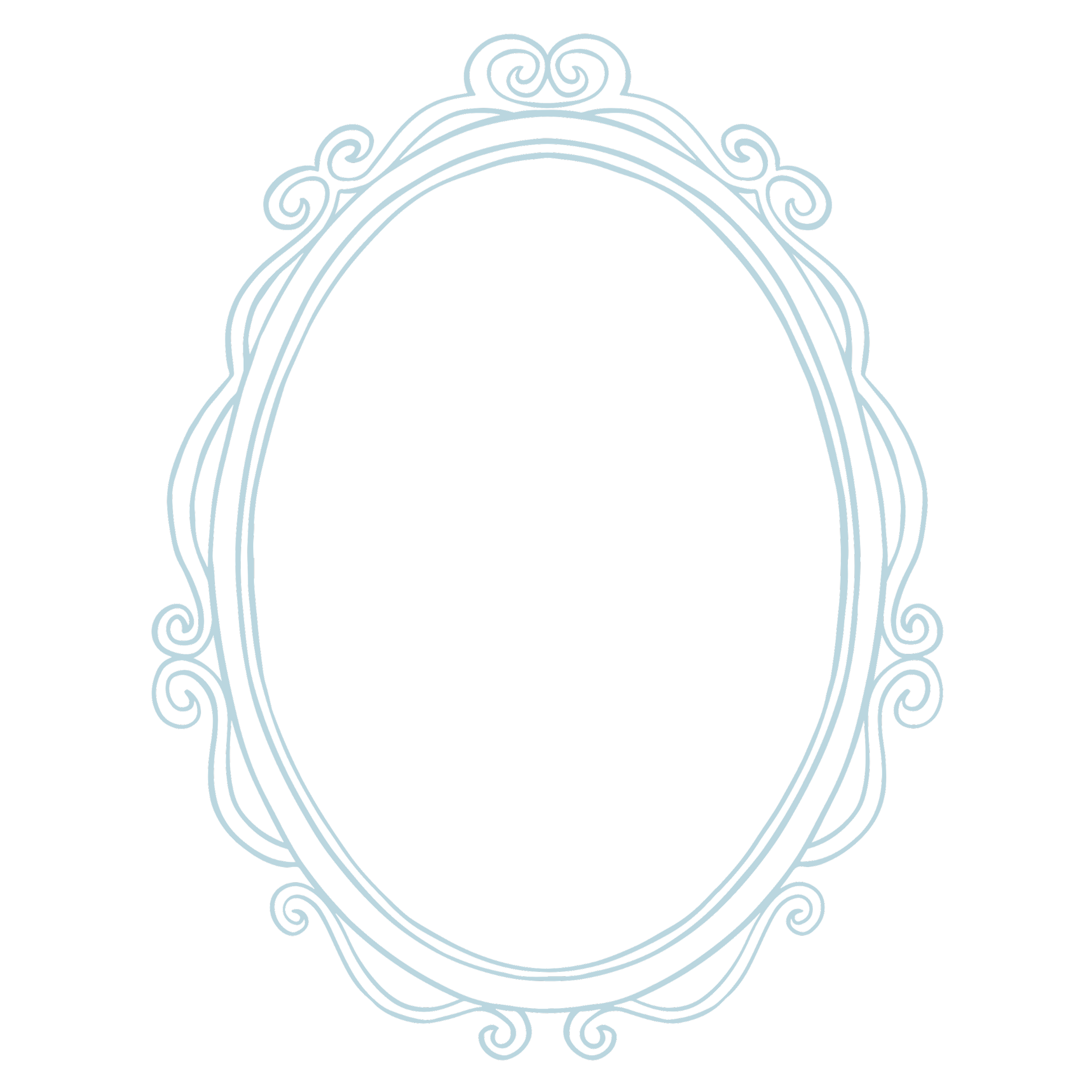 An ornate, vintage oval mirror frame with intricate scrollwork design on a black background.