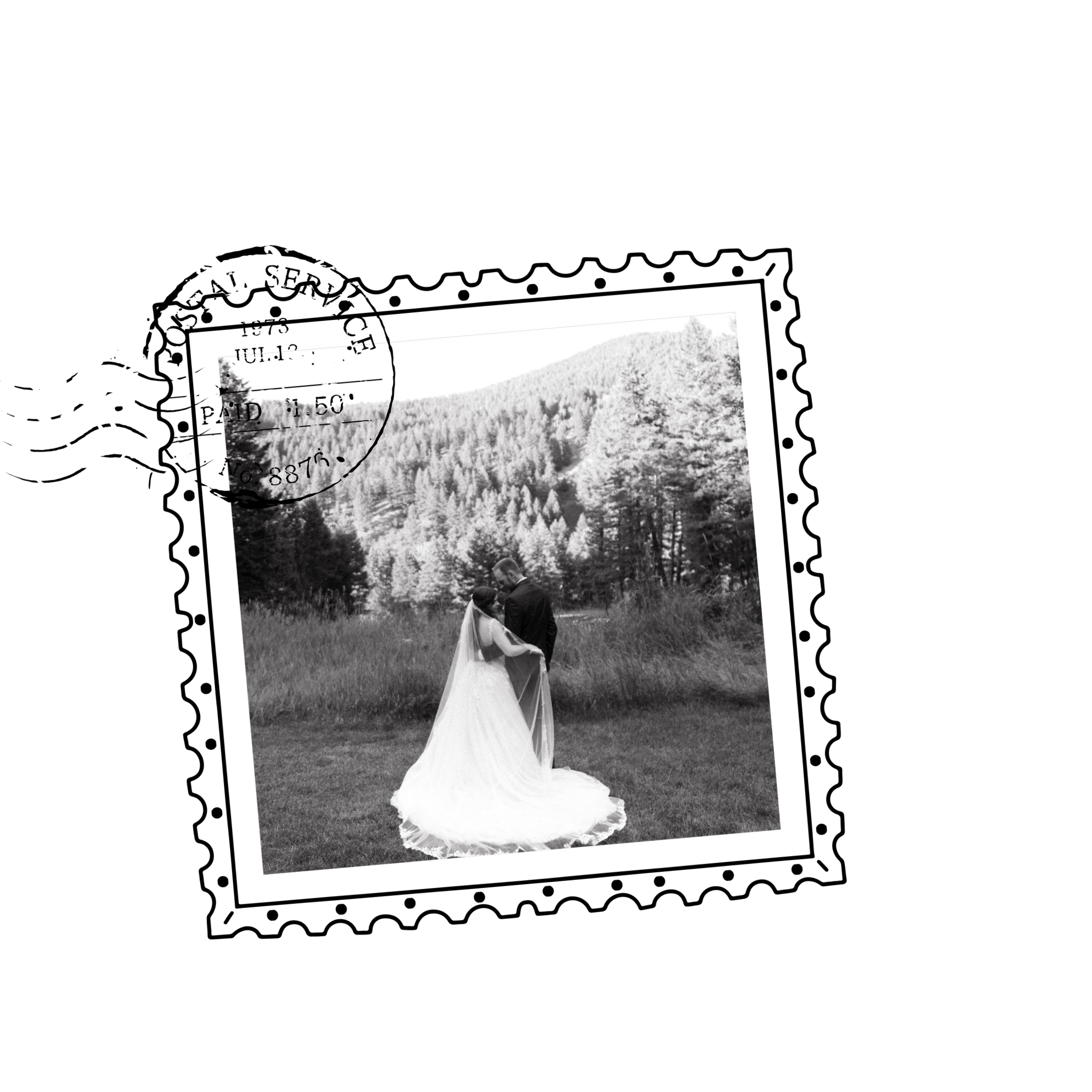 Black and white photo of a bride and groom standing together outdoors in a forested area with mountains in the background, with a postal stamp mark in the upper left corner.