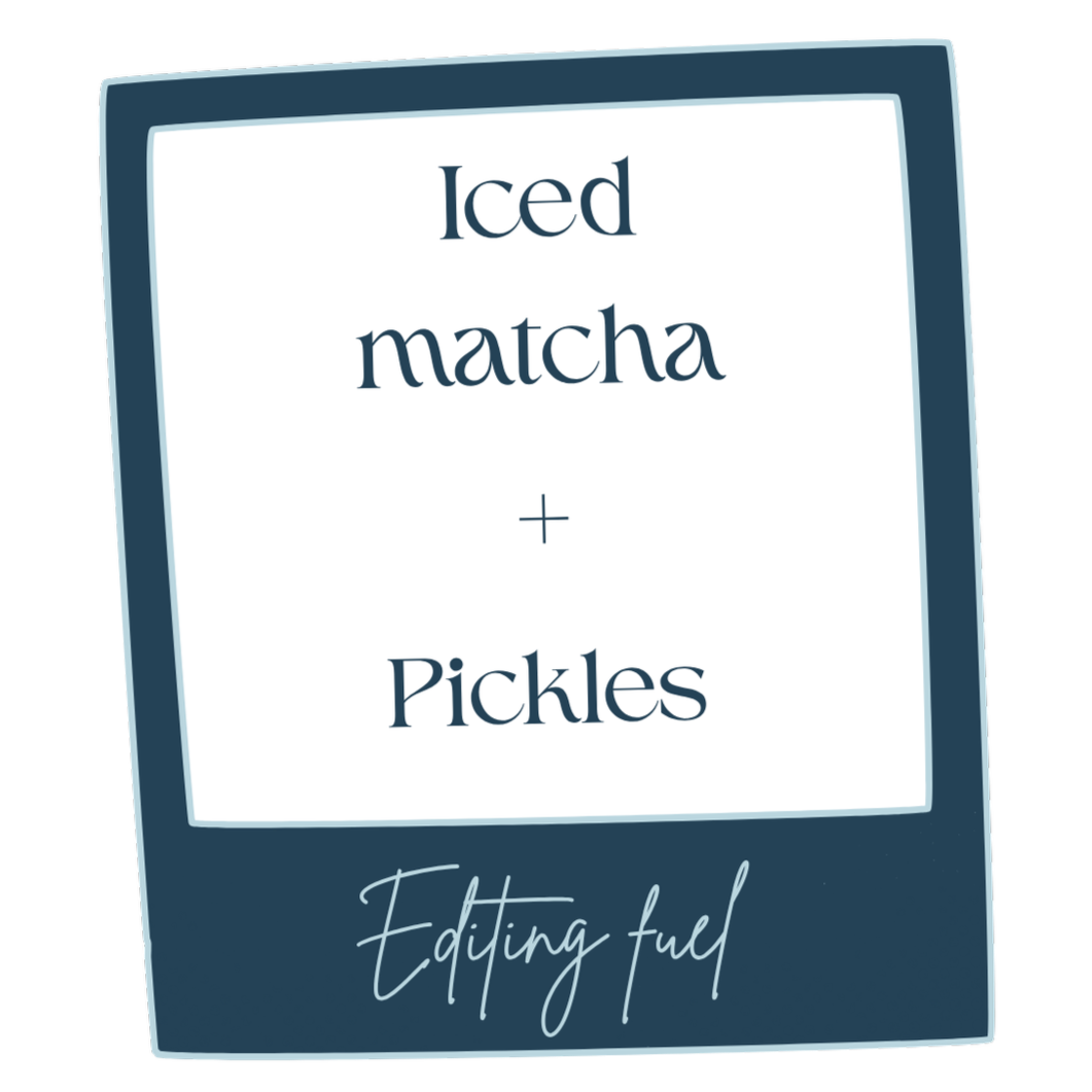 A label for a flavor called Iced Matcha + Pickles with a note 'Editing fuel' at the bottom.