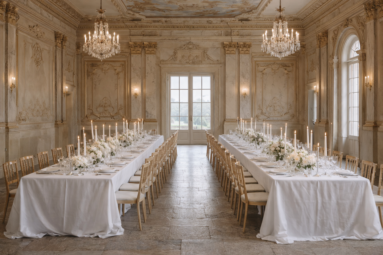 Elegant festlich gedeckter Festsaal mit langen Tischen, weißer Tischwäsche, Kerzen und weißen Blumen, große Kristalllüster und große Fenster mit Blick nach draußen.