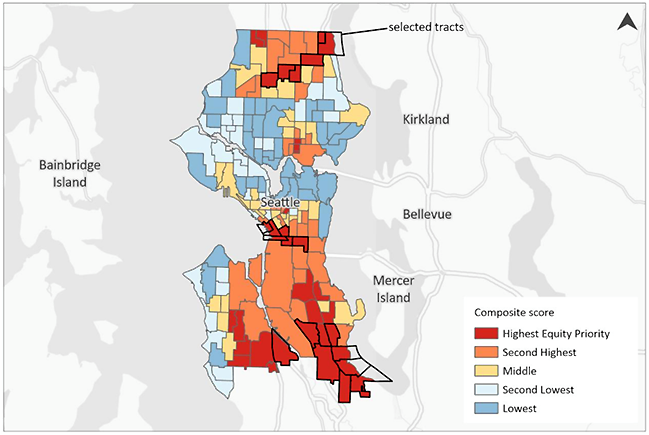 A map of social equity index values for the City of Seattle
