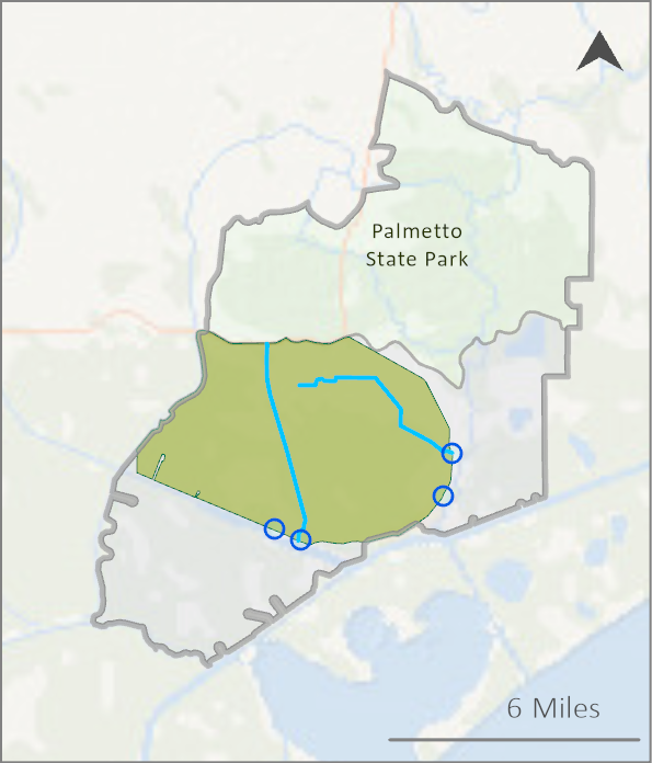 Map showing the boundary of Palmetto State Park, with trails and water features within the park.