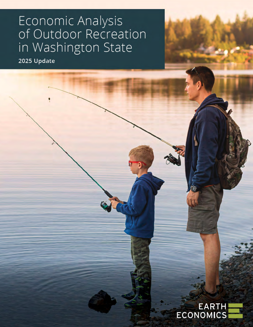 A preview of a report on Washington Outdoor Recreation, featuring a father and son fishing together on a lake.