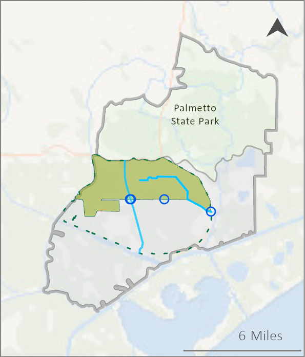 Map showing the boundaries of Palmetto State Park and a trail system within the park, with the surrounding area outlined and a scale showing 6 miles.