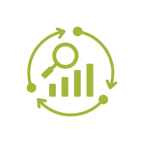 Green icon of a magnifying glass over a bar chart with upward and downward arrows surrounding it, indicating analysis or data cycle.