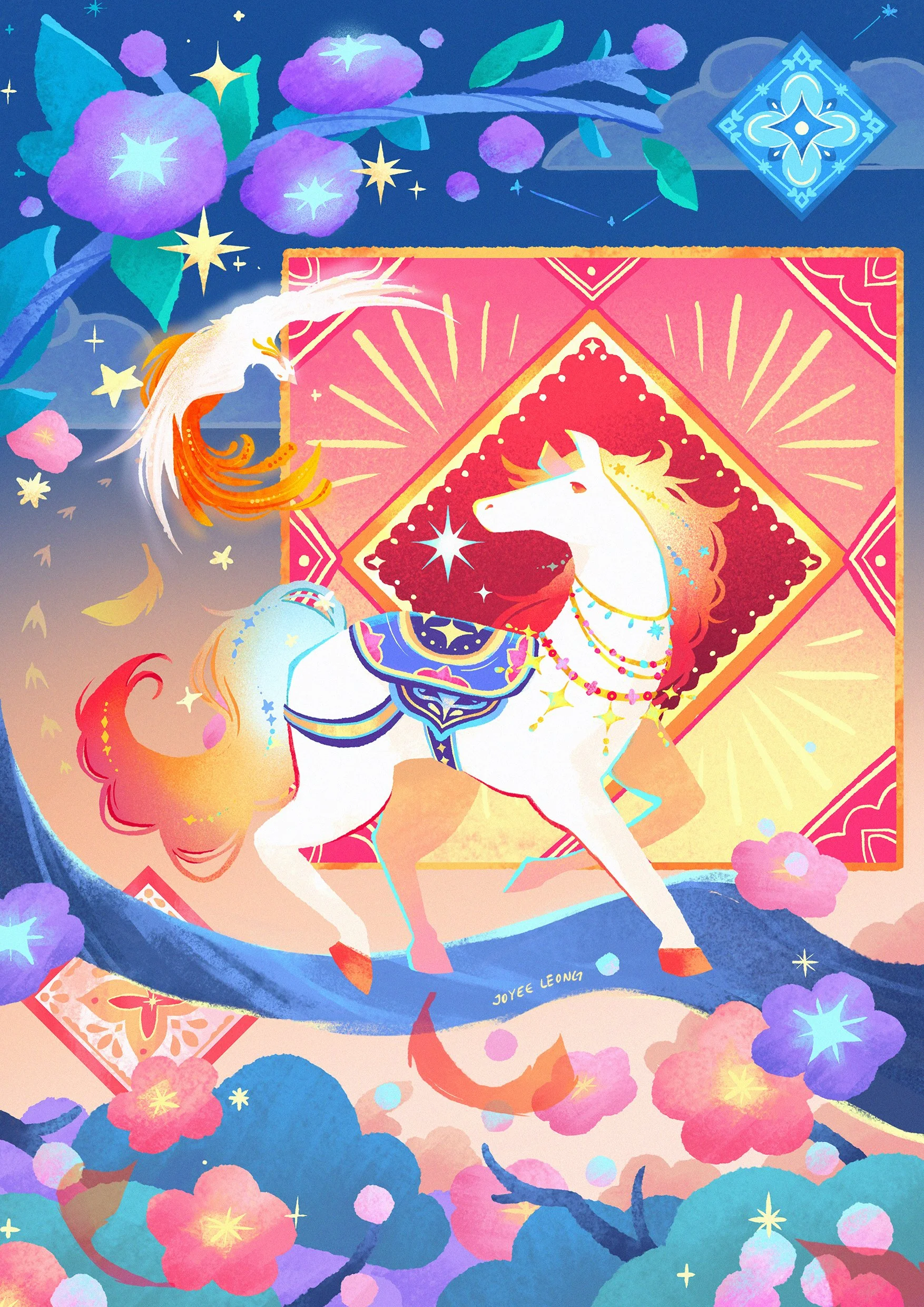 A colorful illustration of a white unicorn with a rainbow-colored mane and tail, adorned with necklaces and decorations, standing on a crescent moon. The background features a pink geometric pattern with rays, purple flowers, and stars, creating a ma