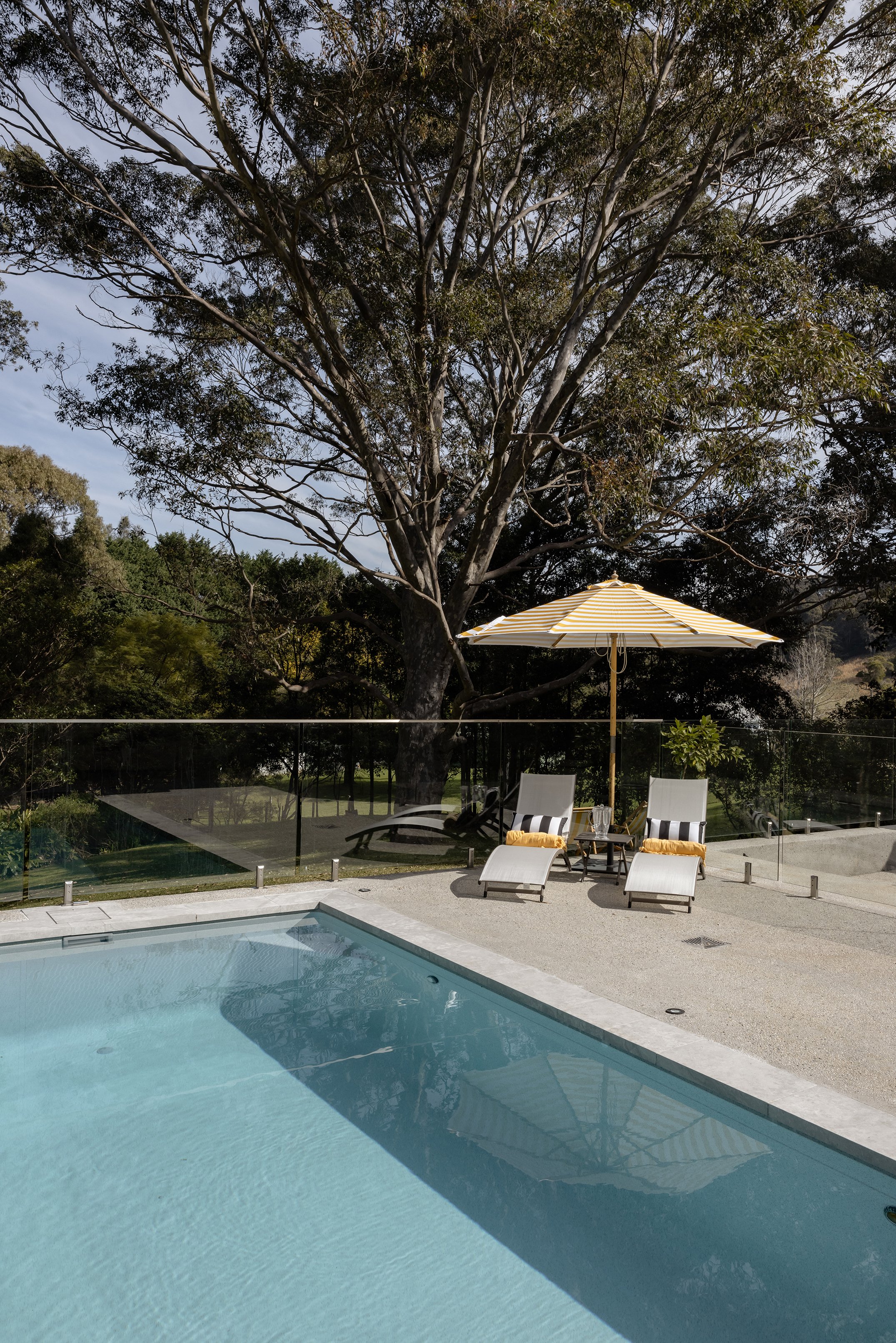 Poolside area with two lounge chairs, a yellow and white striped umbrella, a small table with pitchers, and a large tree in the background.