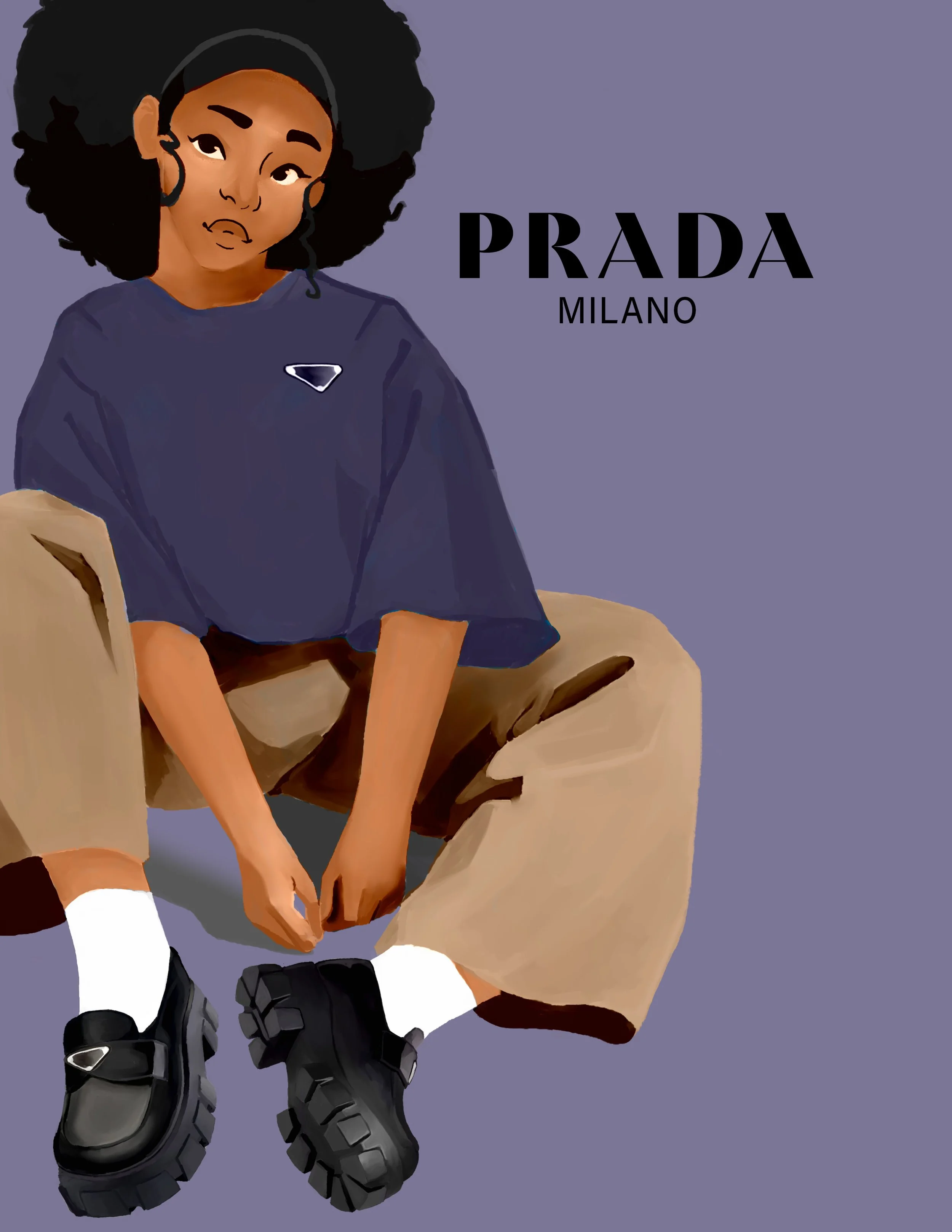 Editorial fashion illustration of a seated model in minimalist outfit