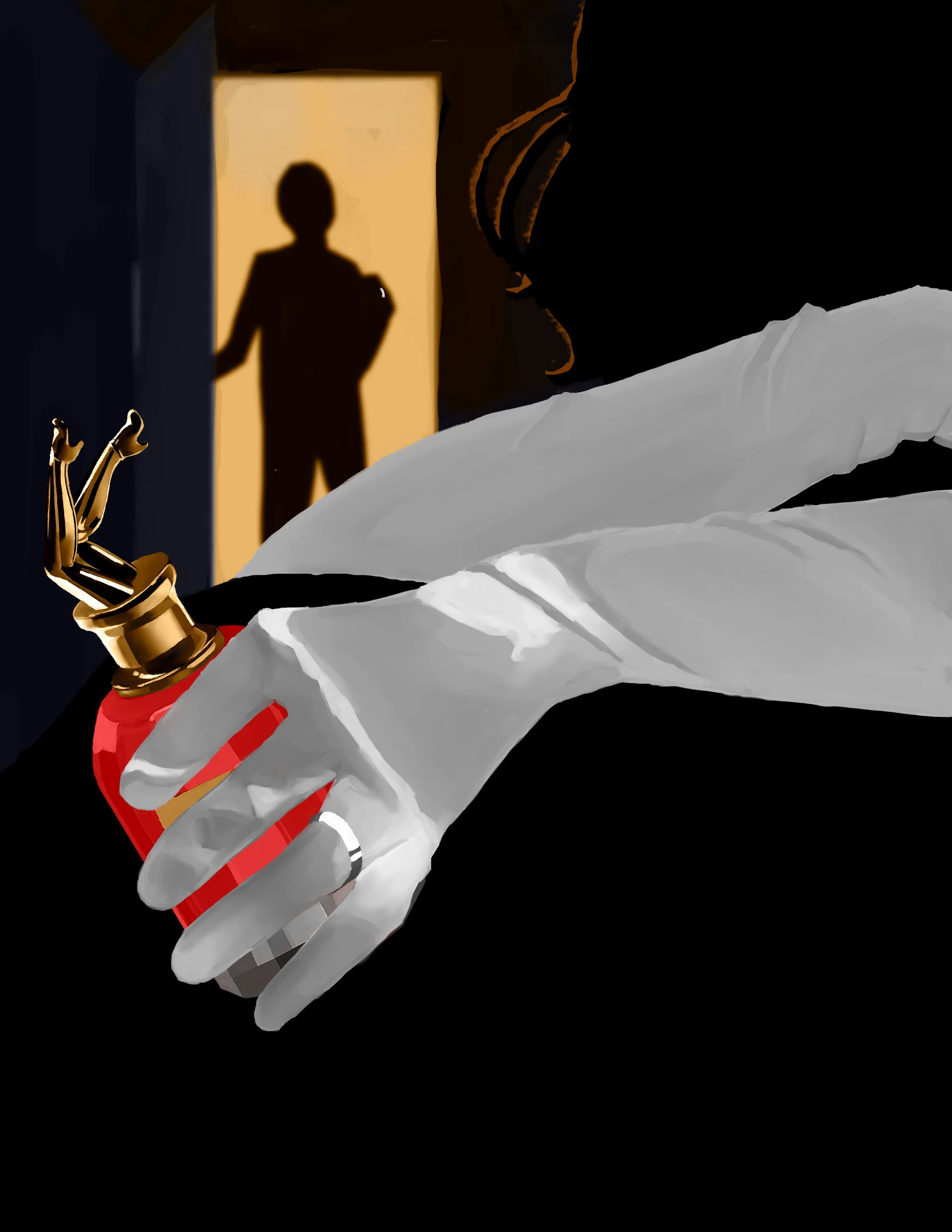 Conceptual artwork of a hand holding perfume with dramatic lighting