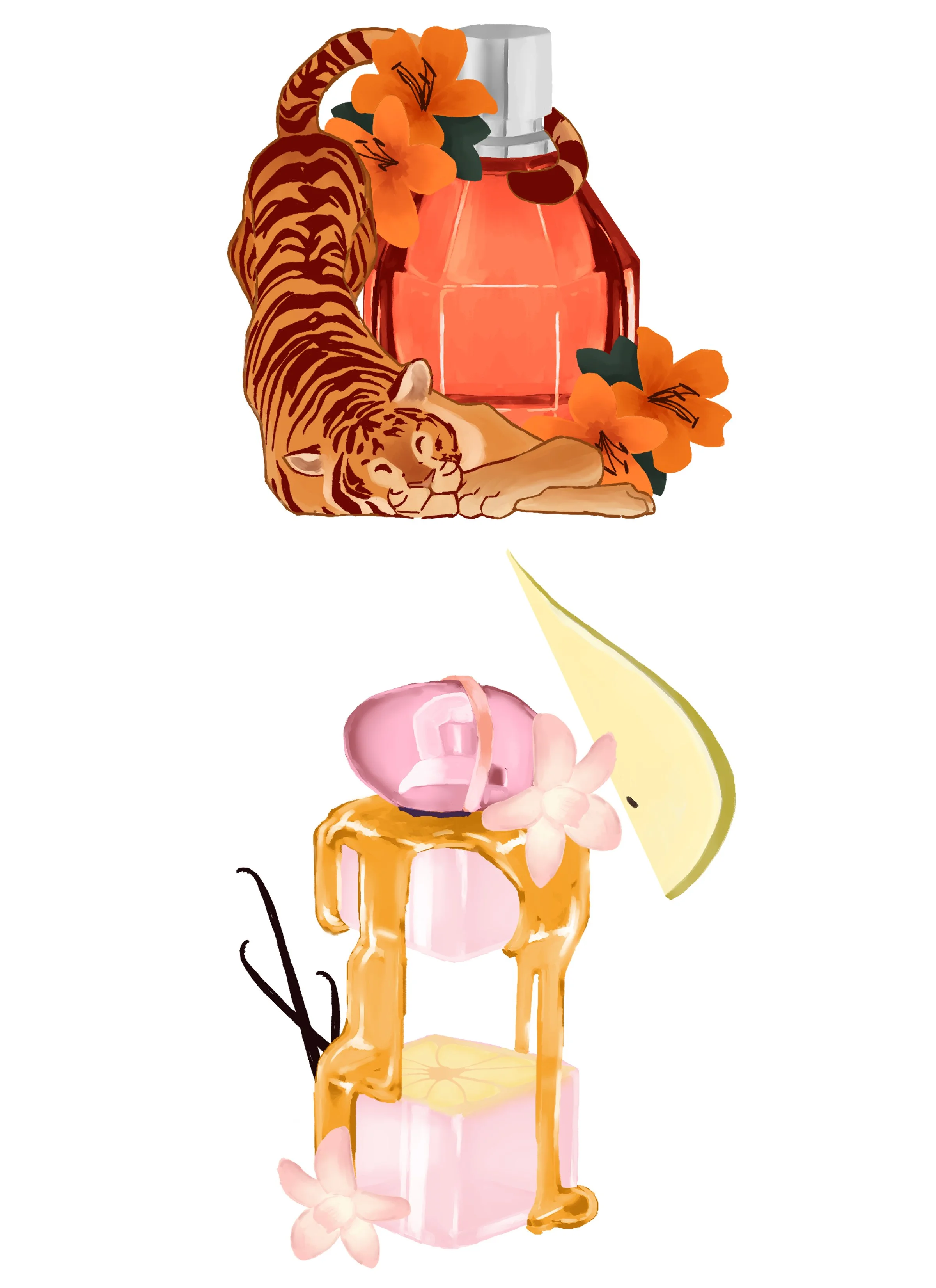 Perfume illustration with flowers and soft pastel tones