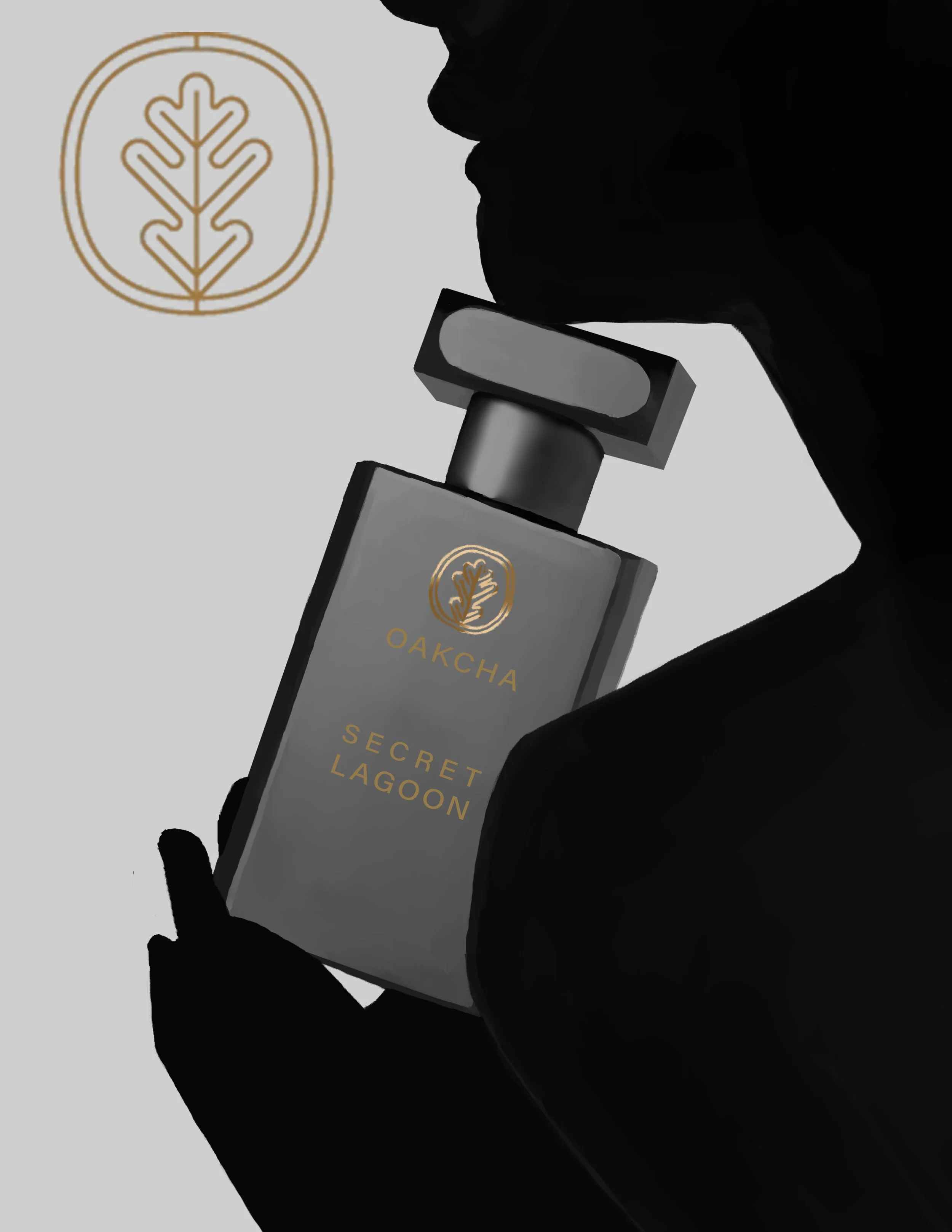 Minimalist black and gold perfume illustration with silhouette figure
