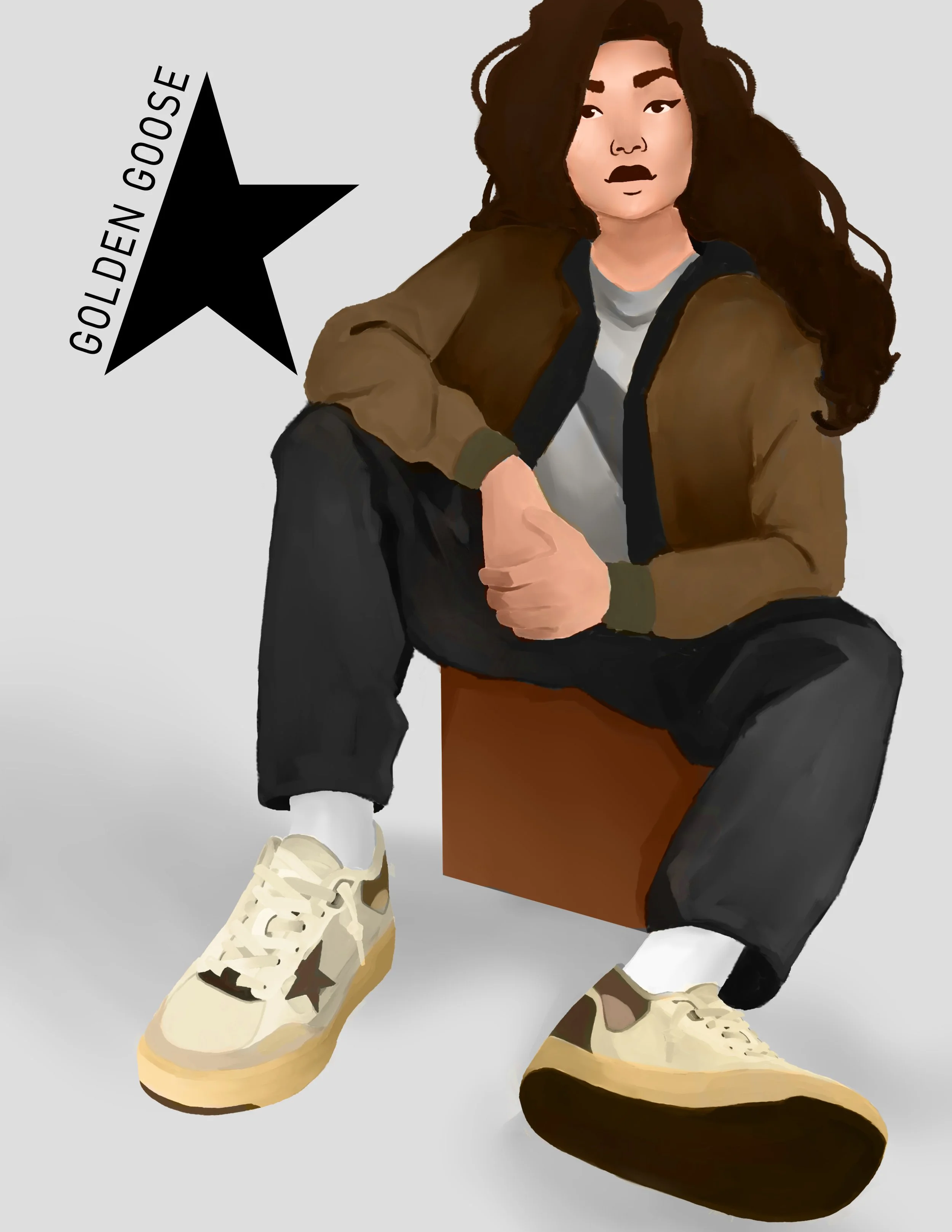 Streetwear fashion illustration of a woman in layered outfit sitting casually