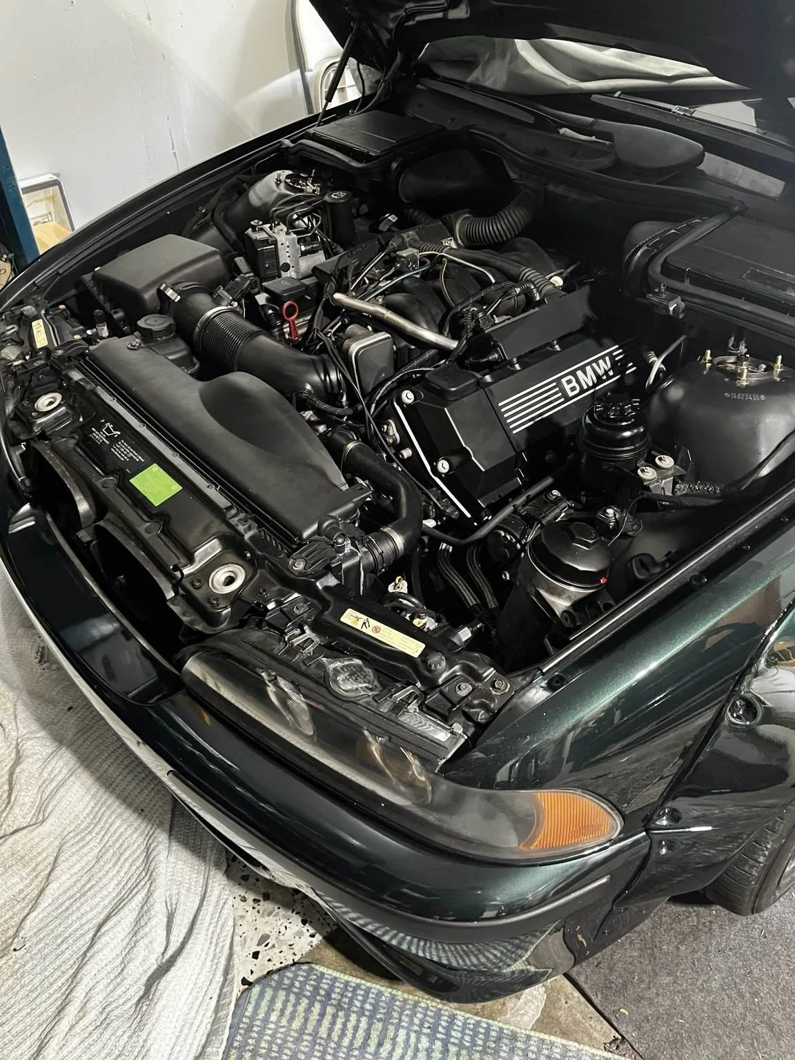 Clean BMW engine bay with detailed engine covers, hoses, and surrounding components after professional engine bay detailing by Bryanz Auto Detailing.