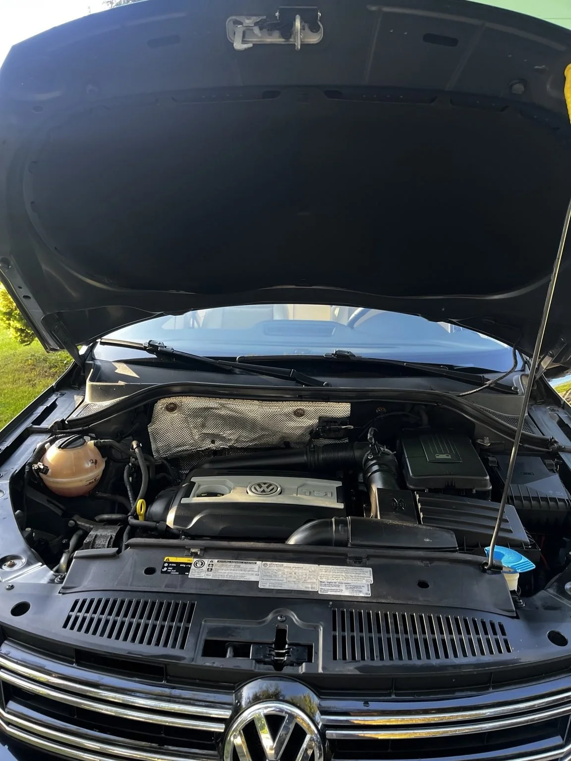 Volkswagen Tiguan engine bay after professional engine detailing service in Tacoma WA featuring a clean engine compartment and restored components