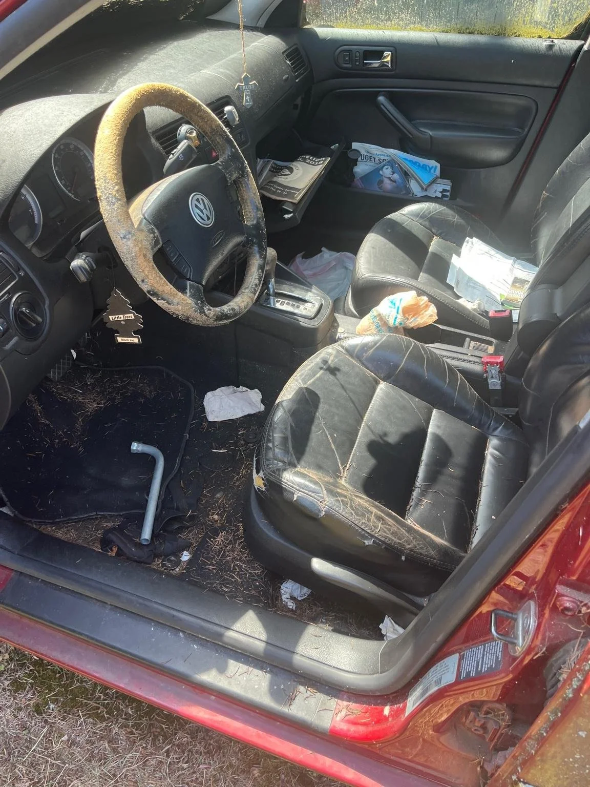 Extreme before condition interior of a Volkswagen showing dirt, mold, and debris prior to restorative interior cleaning and deep detailing service.
