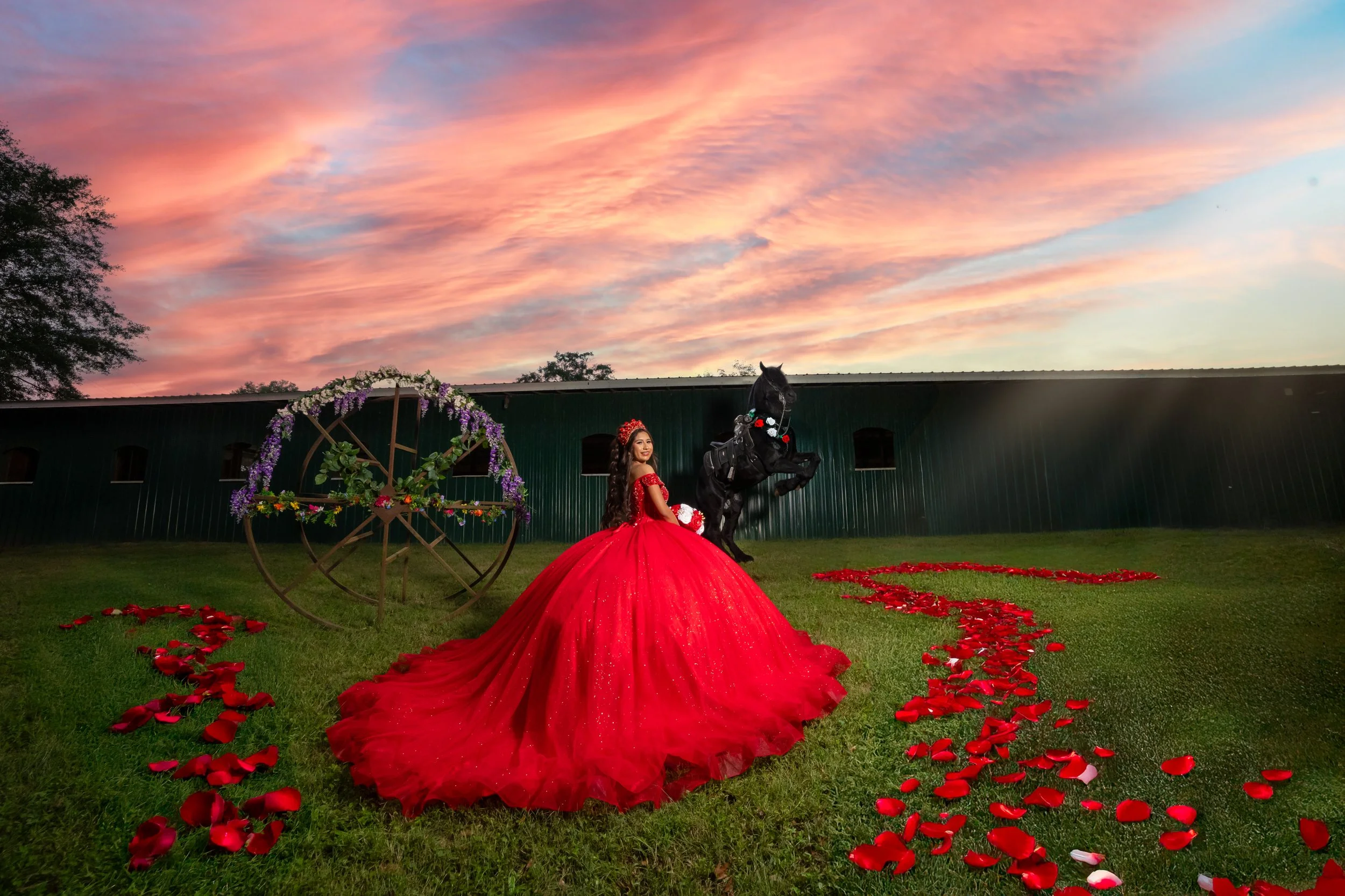 A woman in a red dress with a long train standing on grass, next to a black horse decorated with red flowers, with a sunset sky in the background and rose petals on the ground.