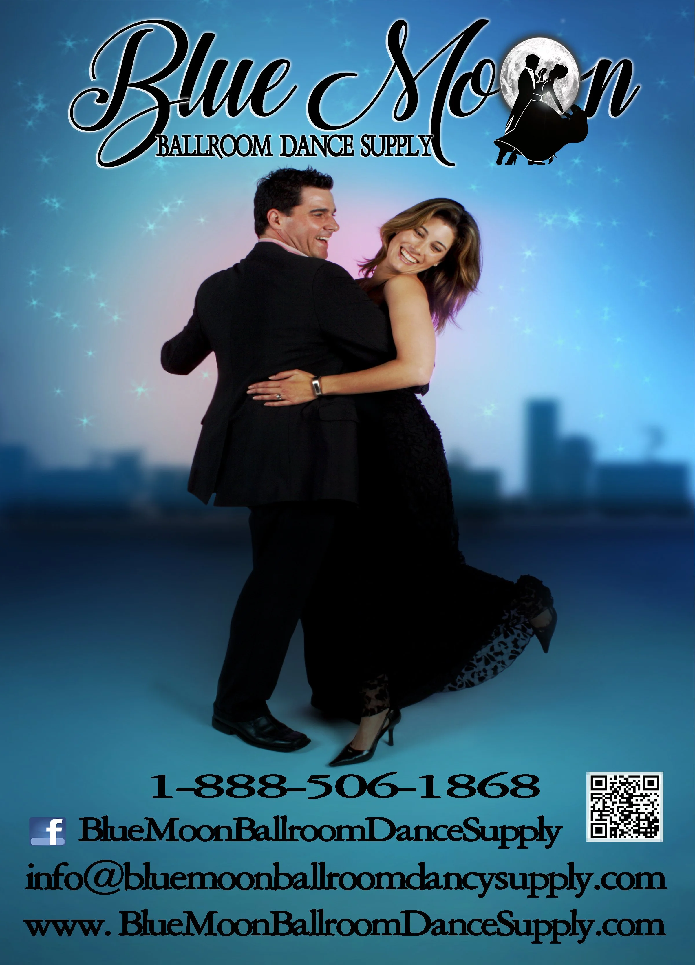 A promotional poster for Blue Moon Ballroom Dance Supply showing a man and woman dancing together against a night cityscape and starry sky background. The woman is in a long black dress and the man in a suit, both smiling. The poster includes contact information and social media details.