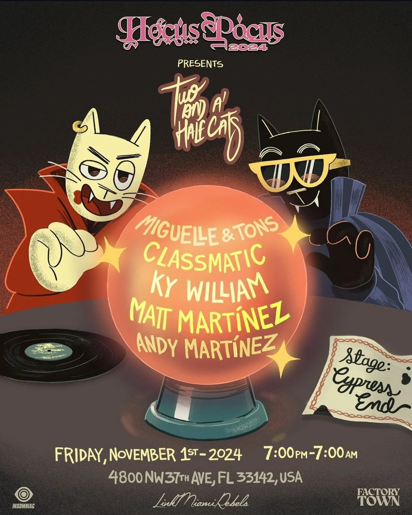 Today&rsquo;s the day! My debut at @hocuspocusmiami has finally arrived, and I can&rsquo;t wait to see you at Cypress End from 7 PM @twoandahalfcatsrecords 🐈&zwj;⬛🐈
Let&rsquo;s dance and keep the Halloween celebrations going!🎃