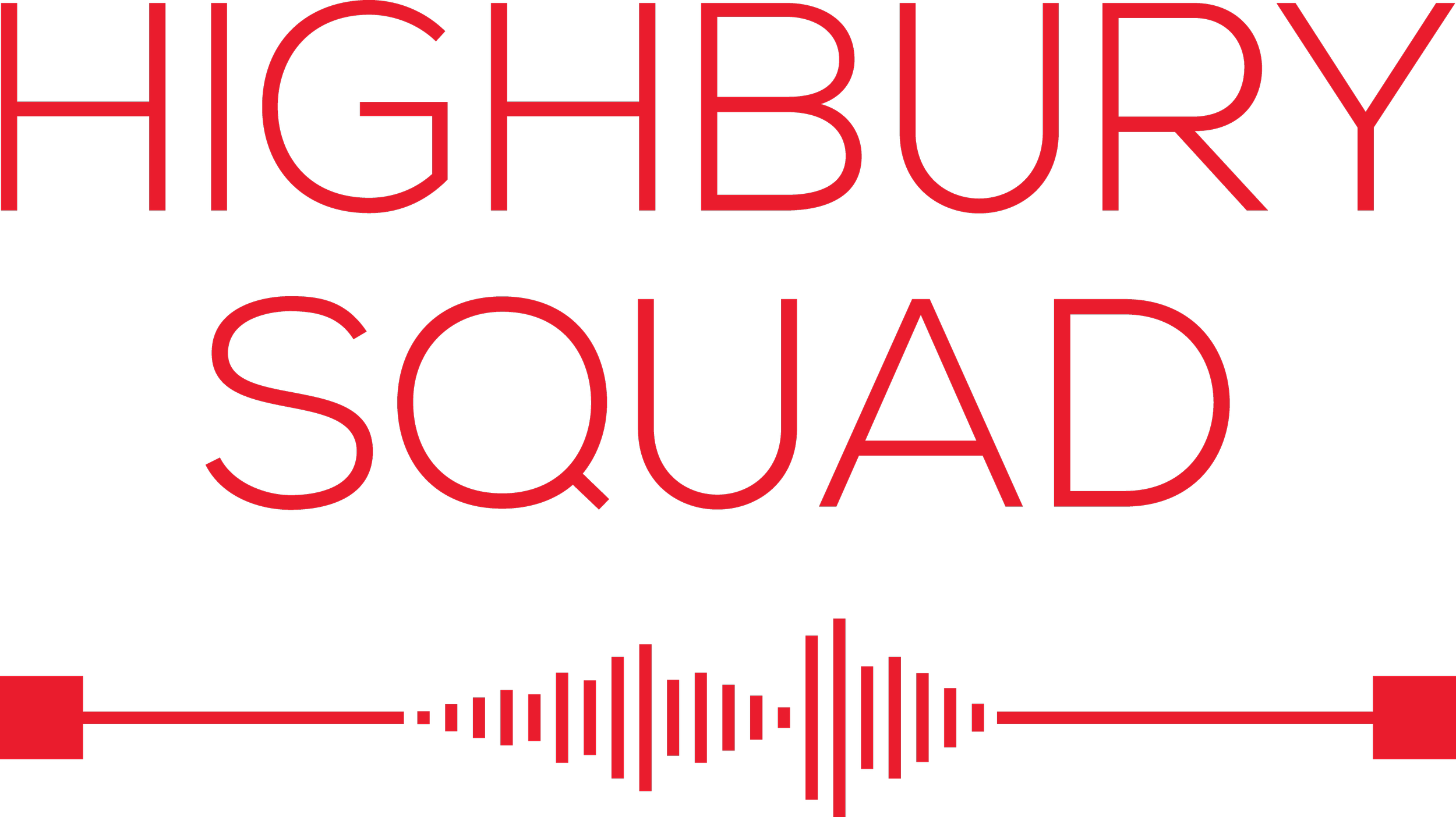 Highbury Squad logo with red text and soundwave graphic on black background.