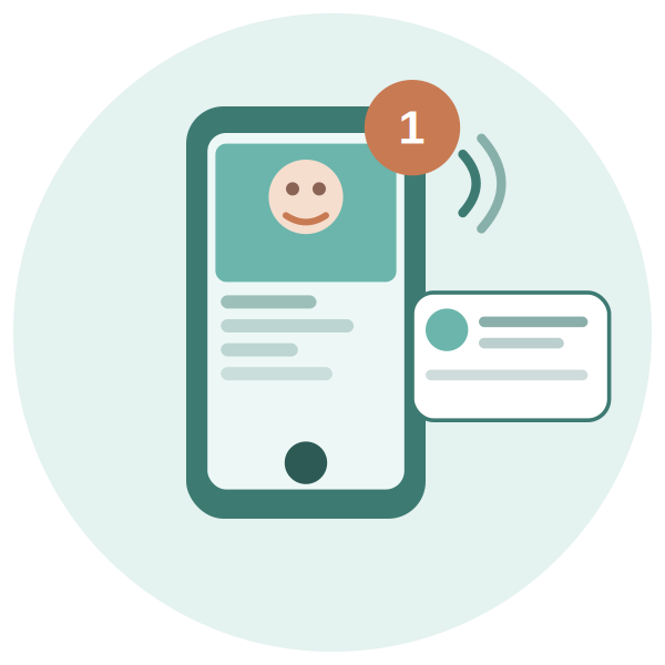 Illustration of a smartphone with a notification badge, showing a smiling face on the screen and a chat message to the side.