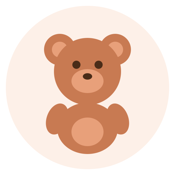 Cute cartoon teddy bear with brown fur, sitting on a light background within a circular frame.