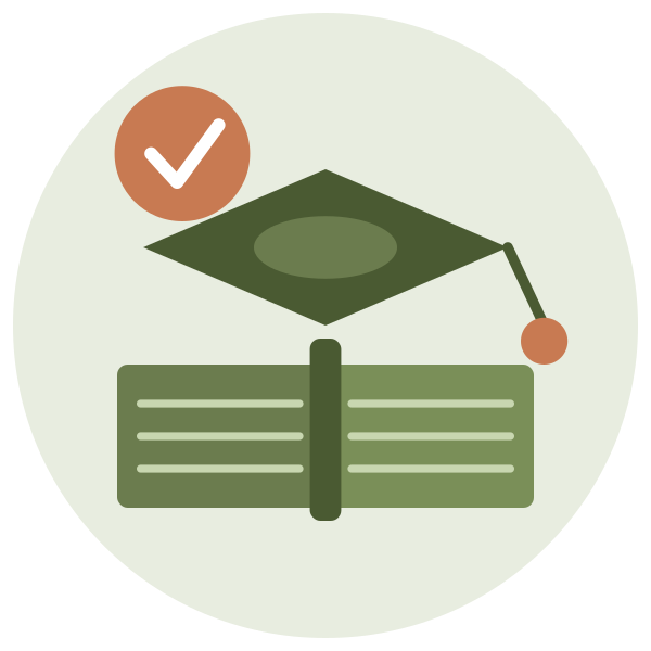 Graduation cap placed on an open book with a check mark icon above.
