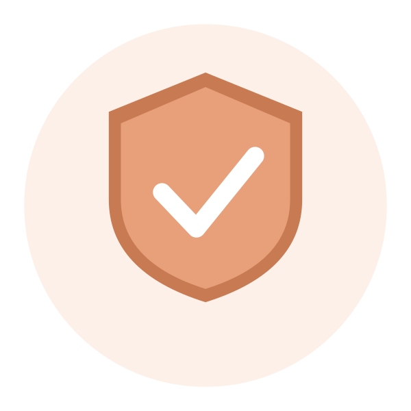 Protection shield with checkmark symbol, beige and white color.