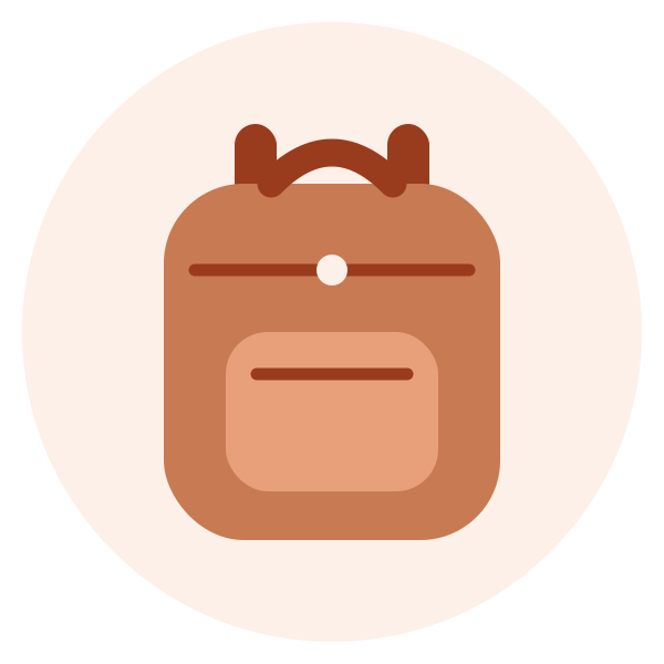 Illustration of a brown backpack with a handle and front pocket, set against a light background.