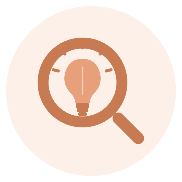 Magnifying glass with a light bulb inside, symbolizing idea search or innovation.