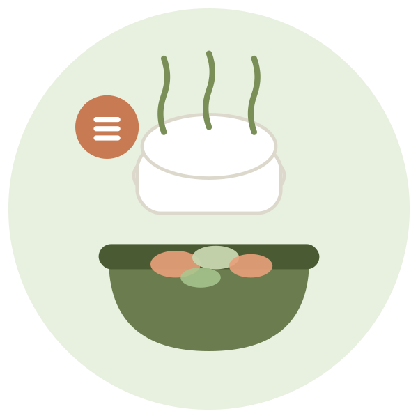 A bowl of steaming hot soup with vegetables, with a menu icon nearby, on a light green background.