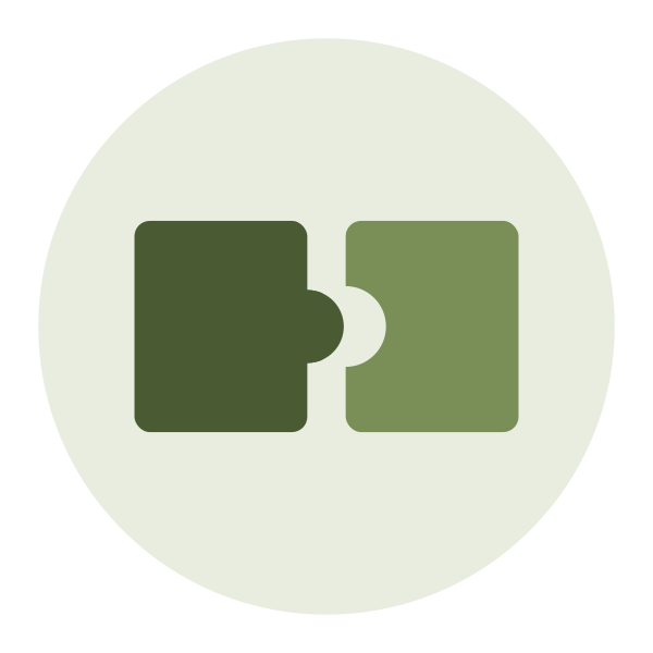 A simplified puzzle piece icon in shades of green on a light background.
