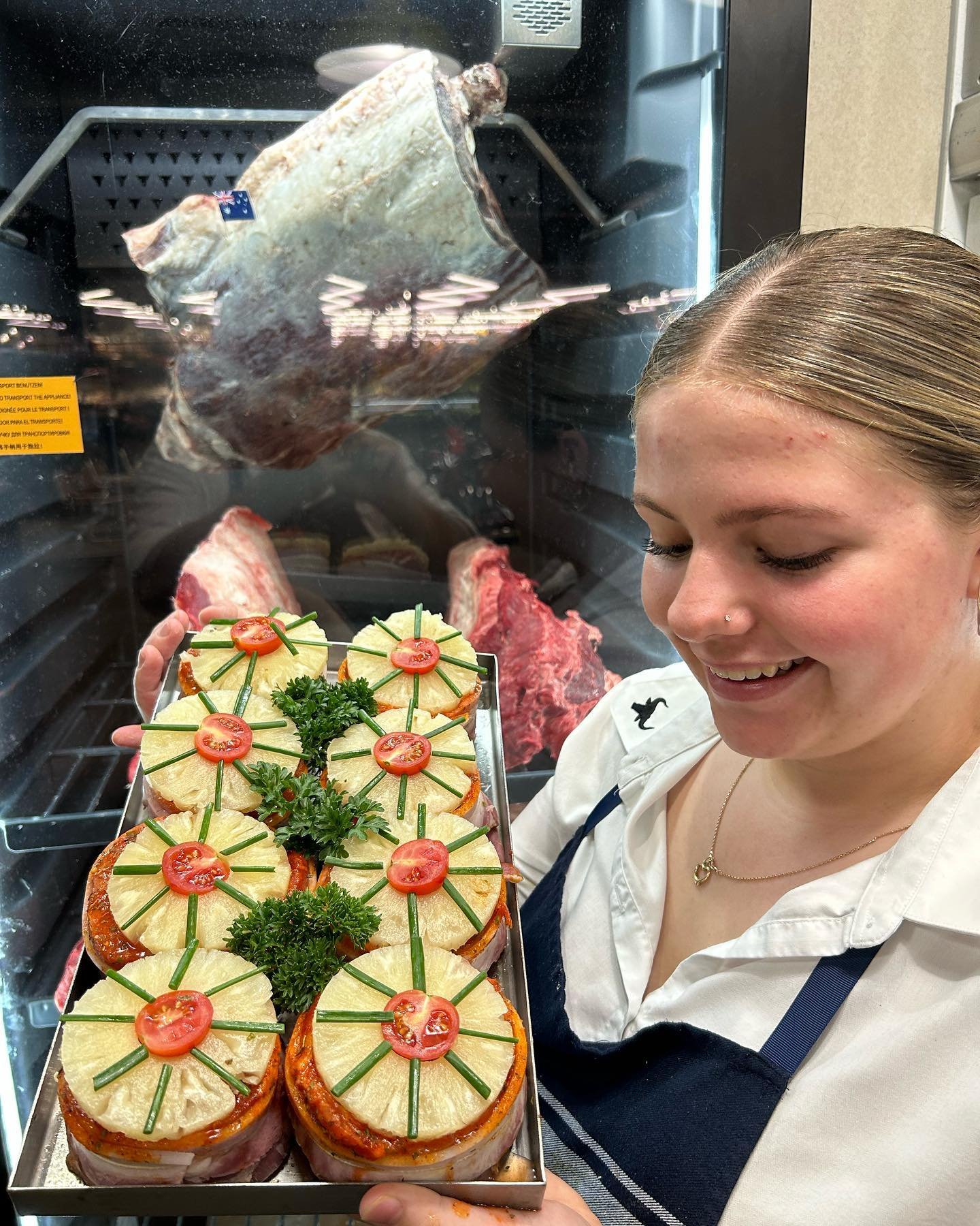 Pork pizza pinwheels,pork fillet wrapped in bacon,topped with our tomato and basil spice,pepperoni and pineapple