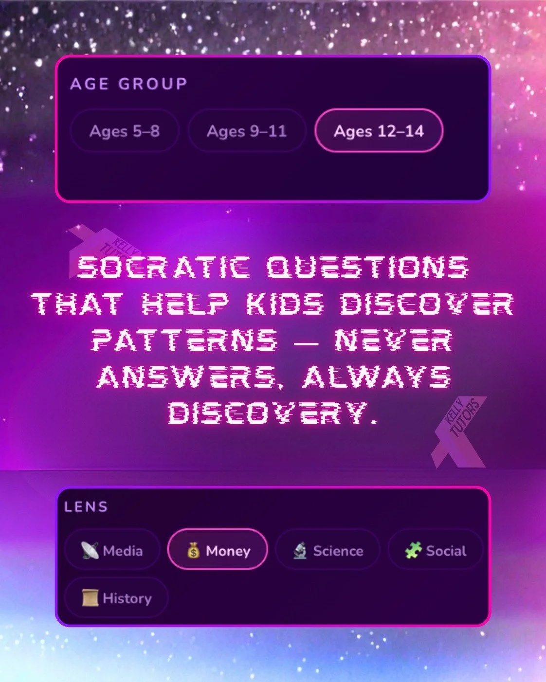 Visit kel2.com/classy to try the new Pattern Tracker.
Ask any question and get follow-up questions designed to stretch your thinking.

Sort by lens: media, money, science, social, or history.

Sort by age: 4&ndash;8, 9&ndash;11, or 12&ndash;14.
Mix, 
