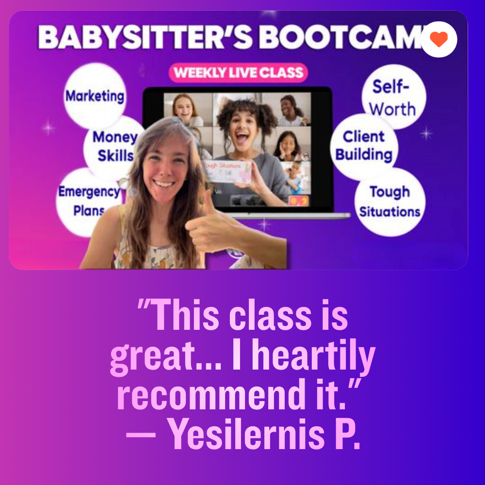 Promotional graphic for Babysitter's Bootcamp advertising weekly live online classes. The image features a woman giving a thumbs up in front of a computer screen, which shows a happy group of children participating in a video call. Text on the image highlights topics covered in the class, including marketing, money skills, emergency plans, self-worth, client building, and tough situations. A quote from a student, Yesilernis P., praises the class.