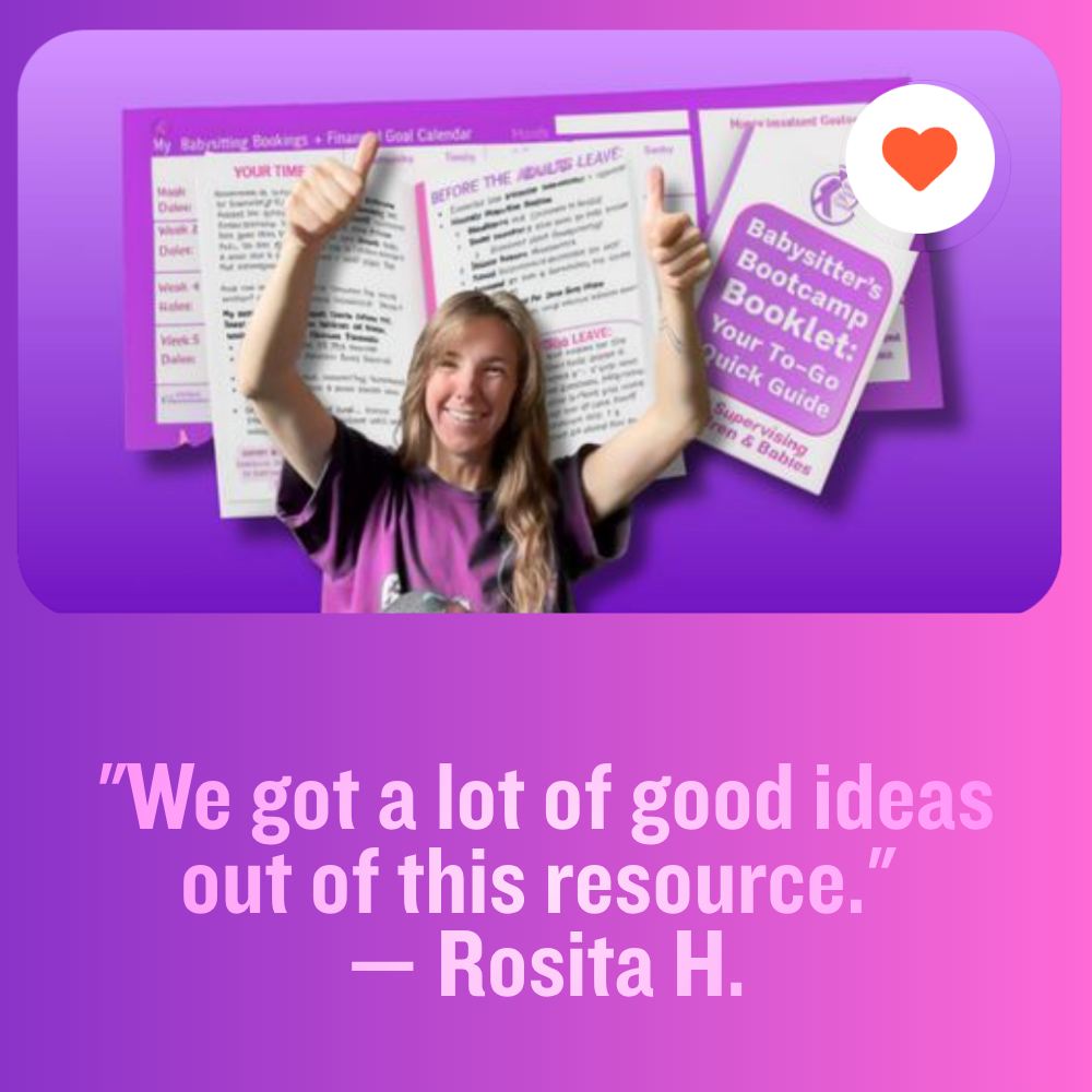 A smiling woman wearing a purple shirt giving a thumbs up, standing in front of a purple background with a booklet titled 'Babysitter's Bootcamp: Your To-Go Quick Guide'.