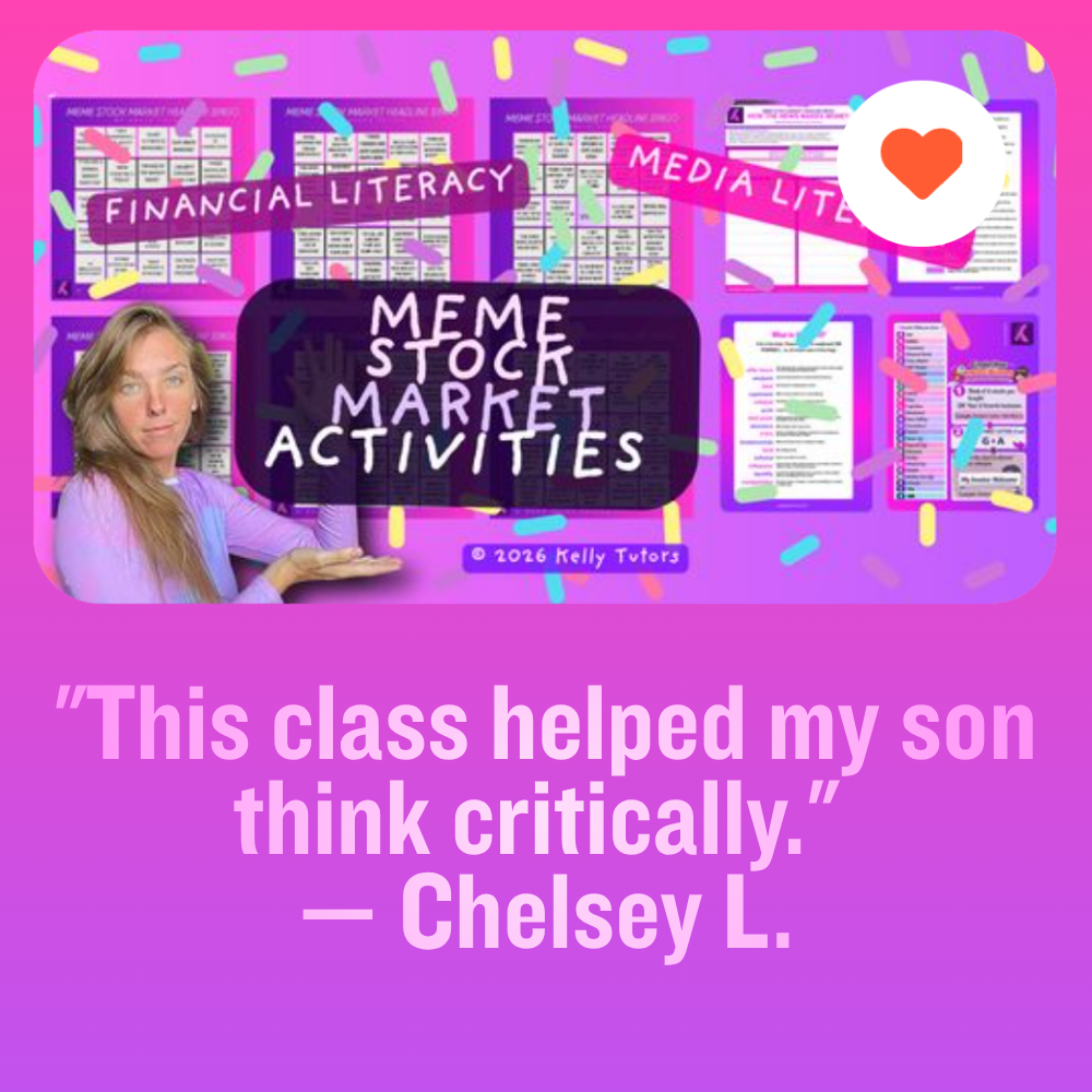 Promotional graphic for a class on stock market activities, highlighting topics like financial literacy and media literacy, with confetti and a woman pointing to the text, and a quote from a parent praising the class.